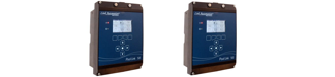 Shown in this image is the Mermade Filter 300 and 500 series commercial pool automatic chemical controller . It is a rectangular, black and grey box and a small screen with 7 programming buttons and a small digital display. It says 