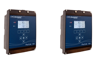 Shown in this image is the Mermade Filter 300 and 500 series commercial pool automatic chemical controllers . It is a rectangular, black and grey box and a small screen with 7 programming buttons and a small digital display. It says 