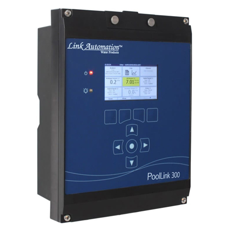 Shown in this image is the Mermade Filter 300 series commercial pool automatic chemical controller . It is a rectangular, black and grey box and a small screen with 7 programming buttons and a small digital display. It says 