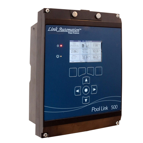 Shown in this image is the Mermade Filter 500 series commercial pool automatic chemical controller . It is a rectangular, black and grey box and a small screen with 7 progrmming buttons and a small digital display. It says 