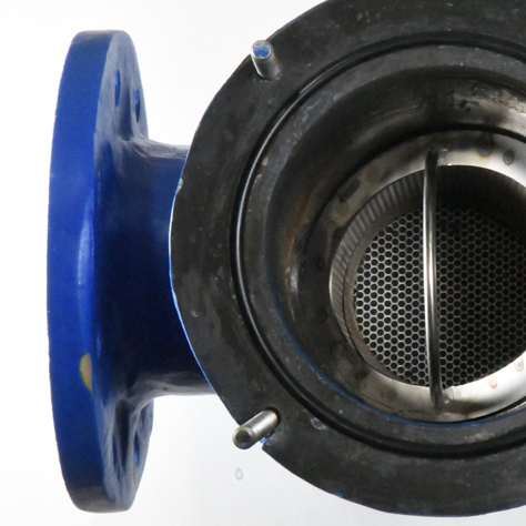 This image shows a mermade Filter Strainer Basket from the top looking down into the body where you can see a stainless steel perforated basket inside. This is blue fiberglass and used to filter commercial pool debris.