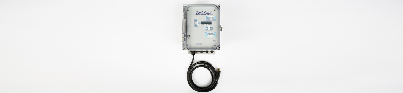 Shown in this image is the Mermade Filter 1000 series commercial pool automatic chemical controller . It is a rectangular, off-white box with a power cord at the bottom, a small screen with 4 programming buttons and a small digital display. It says 