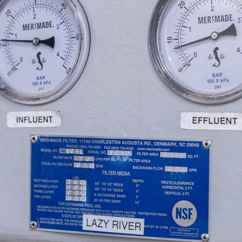 Mermade Filter's Model 132 commercial pool sand filter gauges. They read, INFLUENT, EFFLUENT< and LAZY RIVER. Pictured are two round pressure gauges with the mermade filter logo