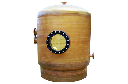 This image is of a white background, mermade filter's fiberglass surge and balance tank for commercial pool applications. It is a tall cylinder with a domed top, a large manway and two pipe connections on the left and one pipe connection on the right